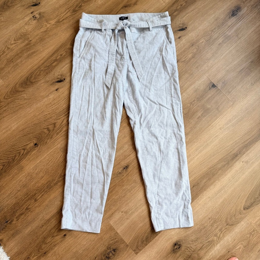 LOFT Ann Taylor Women 8 Gray Linen Blend Belted Tapered Ankle Pants Light Grey
